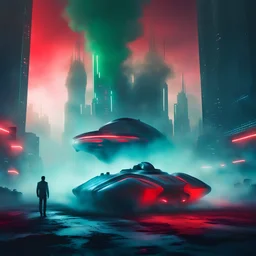 Ground level dark futuristic city scape. blue and red mist near the ground. Green smoke in the background. Silhouette of a man. futuristic hovercar in the foreground