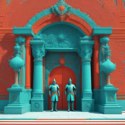 (psychedelic 3D anaglyph red-cyan glasses required) The grand gateway serves as the entrance to a noble holding, indicating the family's wealth without extravagance. A security detachment of three guards demonstrates a decentralized law enforcement system outside the capital, with a focus on estate security through standardized armor and modern weaponry. Their orange accents may have symbolic or practical purpose. The gatehouse's transition from defensive structure to ceremonial function is evid