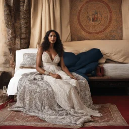 Maria Magdalena in agent provocateur sitting on the edge of her bed in Bethlehem during Jesus' era: tapestry and poetries