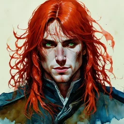 dnd, fantasy, watercolour, stylistic, portrait, illustration, dull colours, male, face, narrow long face, weathered face, green eyes, determined, happy, red hair, very long hair streaming down the shoulders, radiating light, five o'clock shadow