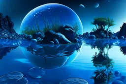 blue exoplanetin the sky, water reflection, rocks, vegetation