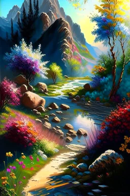 full light,highlight, trees, stone pathway, day, sun day, an idyliic mountains with bright colorful flowers, mountains, sun,flower, a small river, paradise, on a canvas. realistic art, brush, pencil, detailed