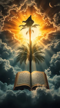 Sun light above swirling clouds, emerges from the heart of a raging storm. Turbulent winds of steam swirl around lit by shafts of sunlight that cast dramatic shadows on the A beautiful open book with Arabic words in the middle behind a palm tree , a man on magic carpet on the top, High quality 16k cinematic scene and great photography