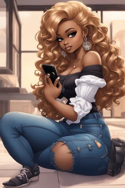 Create a magna art of a black chibi curvy female sitting on the floor looking at her cell phone. She is wearing tight blue jeans and a black off the shoulder blouse. Prominent make up with lush lashes. Highly detailed wavy ombre blonde and brown long hair. She is also wearing silver large hoop earrings