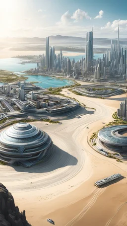 A long, sweeping Sandy Bay With a sci-fi city with clean roads and buildings Along The Shoreline during the day