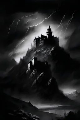 Dark and gritty drawing of a fortress in mountains, dark skies, towers