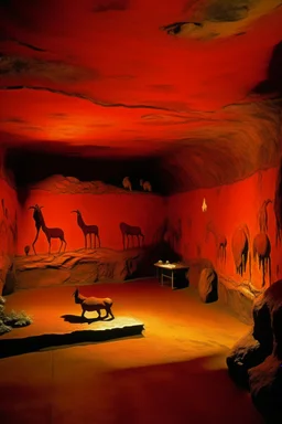 An orangish red secret lair in a magma filled volcano designed in Lascaux cave paintings painted by John Brack