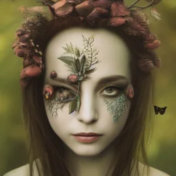 Portrait of beautiful girl, plant, metal, feathers, Dryad, fae, sidhe, ominous, nature, plants, wildflower, facepaint, dnd character portrait, intricate, oil on canvas, masterpiece, expert, insanely detailed, 4k resolution, retroanime style, cute big circular reflective eyes, cinematic smooth, intricate detail , soft smooth lighting, soft pastel colors, painted Renaissance style,bokeh, 800mm lens