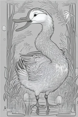 coloring book page of a magical duck,monochrome, black and white, sharp, sketch drawing