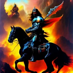 portrait oil on canvas, Death Dealer riding black horse ,comic book cover, mystical colors,insanely detailed,realistic,intrincate detail, 16k resolution, masterpiece,Frank Frazetta,Alex Horley, Simon Bisley,Oscar chichoni