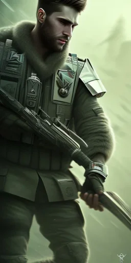 Ultradetailed picture of handsome man in action, gorgeous eyes, well composed, detailed, cinematic lighting textured, battle uniform, elite special arm force