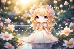 cute chibi anime princess in a flowergarden with beautiful flowers, pond, in sunshine, anime, watercolor and black in outlines, golden glitter, ethereal, cinematic postprocessing, bokeh, dof