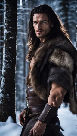 two Handsome and muscular 30 year old mountain men , long hair dark hair, facial hair, dark fantasy, snowy forest