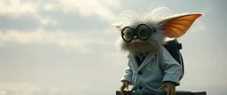 crazy fluffy gremlin scientist in lab coat standing in diving tower