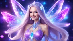 beautiful bright fairy cosmic women with cosmic long straight hair, crystal jewel and dressed with a magic crystal suit. she has light make up and a sweety smile.