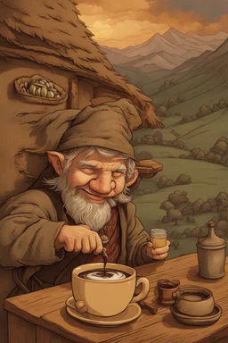 [coffee] In the Inn, the smiling hobbit worked behind the bar. Though small in stature, none was more joyful in service. His eyes, bright as sunrise and always upturned in mirth, inspected beans from distant lands. From the machine poured drinks like liquid gold. Each shot drew from him a chuckling sniff, scents of exotic hills filling his head. With care he textured cream, lips still smiling as lofty peaks crowned. Patrons gathered round pots steaming, laughter echoing as in a hobbit-h