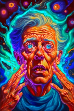 Busch painting style A big scary face covering his ears with both hands out of A nightmare from light." Stars are holes in the fabric of reality, from which a blinding, painful light pours. Nebulae resemble phantasmagorical visions.