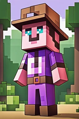 a profile picture of a purple Minecraft block face, cute, farmer clothes, 2d, large pixel style