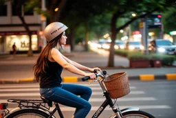 girl driving a pretty bicycle in street tress ai sides