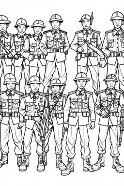 Outline art for coloring page OF A SET OF SMALL UNITED STATES TOY ARMY SOLDIERS, coloring page, white background, Sketch style, only use outline, clean line art, white background, no shadows, no shading, no color, clear