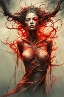 A dramatic digital painting portraying a figure under the Red Moon, veins pulsing, claws of temptation visible, soul in turmoil. In the style of Giger and Salvador Dali and Van Gogh, vivid colors, swirling brushstrokes, highly detailed, 8k resolution, surrealistic., by Ryohei Hase, Agnes Cecile, Raymond Swanland, Anne Bachelie