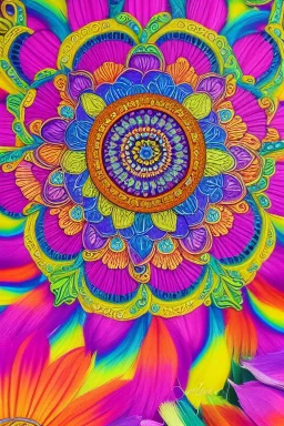 psychedelic mandala made out of flowers, feathers, ultra detailed, photorealistic, vivid colours, intricate details, in the style of Elspeth McLean, 32k