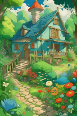 ghibli inspired cute family cottage and garden close up art painterly