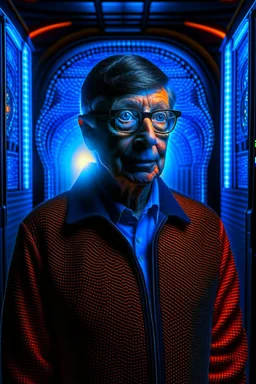 bill gates with a dna patent in the style of giger, spray paint, photo realism, trending on art station, 8k, depth of field, down light, light rays, volumetric, white hall in spaceship, blue, brown and orange