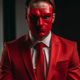 a man wearing a red suit with a red tie who is missing the skin on his face