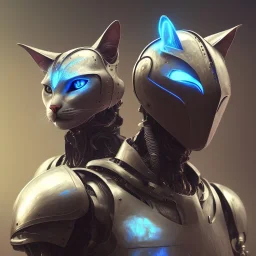 a cat-like robot with blue eyes and cyber elements wearing a medieval armor, high detail, photo, 8k, ray-tracing