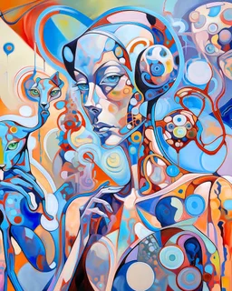 Abstract biomorphic mixed-media painting of woman with Siamese ca, caught in a dynamic off-balance pose inside [SCENERY]. Build the figures from irregular floating shape-cells, softly warped anatomy, oversized curious eyes, rounded mask-like faces, playful distorted proportions, and interlocking organic fragments that feel hand-cut and reassembled. Use pastels with translucent alcohol-ink blooms, watery pigment stains, dry watercolor edges, milky gradients, saturat