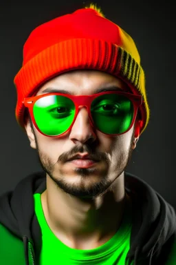 A yung caucasian shaved man with huge black sun glasses wearing a green winter hat, and a red t-shirt