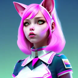 waitress teenager, cat ears latex headband, rounded face, pink short hair, pink makeup, striped shirt, vibrant color, highly detailed, gradient background, concept art, smooth, 16 bit, unreal engine 5, god rays, ray tracing, RTX, lumen lighting, ultra detail, volumetric lighting, 3d, finely drawn, high definition, high resolution.