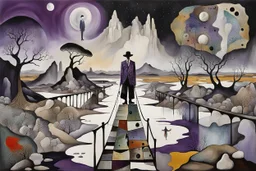 face to the camera in midle one alone human figure with a big map his hands in weird whimsical clothes stands on thin weird bridge , weird whimsical landscape, forest, and Sahara water and rocks,, around surreal cracked painted weird land with some black doors. dark purple, gray, black, white, brown,deep colors. style of Chagall , of Minjae Lee and Tim Burton, absurd beauty. broken, weird bizarre absurd, nightmare, neuron network background, surreal vibe
