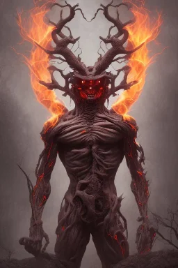 Full body photography of ethereal ANGRY DEMON , Fire theme art, Dark moody night atmosphere, by Michelangelo, 8K, high body details, anatomically perfect body, oak tree roots, purple, red, armed with guns ,