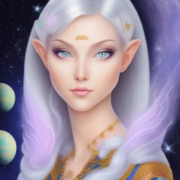 cosmic mage, elf, female, cosmic magic, long ears, white hair, face details, pale skin, jewellery, broad shoulders, sharp ears, cosmic clothes, cosmic eyes, ears shown, the cosmos in eyes, shining eyes, thin face, detailed ears, magical eyes, closed mouth, make up, smiling face, happy face, pointy ears