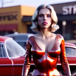 Ultra Realistic retro sci-fi afire Supermarket parking scene, 1960 year, blonde woman, sweet scarlet Johansson face, perfect iris, glow eyes, face makeup, tight latex coat; many panic people looking, Retro sci-fi style, soft color, highly detailed, unreal engine 5, ray tracing, RTX, lumen lighting, ultra detail, volumetric lighting, 3d, finely drawn, high definition, high resolution.