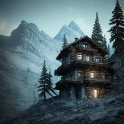 Scary mountain hut, sense of fear, Alps, night sky, 8k, HD, cinematography, photorealistic, Cinematic, Color Grading, Ultra-Wide Angle, Depth of Field, hyper-detailed, beautifully color-coded, insane details, intricate details, beautifully color graded, Cinematic, Color Grading, Editorial Photography, Depth of Field, DOF, Tilt Blur, White Balance, 32k, Super-Resolution, Megapixel, ProPhoto RGB, VR, Halfrear Lighting, Backlight, Natural Lighting, Incandes