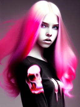 girl angry, beautiful, cute, blood on face, long pink hair, black sweater