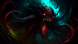 A dark, monstrous creature with sharp teeth, glowing red eyes, and multiple tentacles emerging from a chaotic, abstract background with vibrant colors and patterns