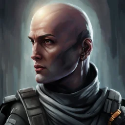 a bold and heroic bald male Corellian pilot in black and grey First Order special forces gear meets a female Jedi Master in ancient, mystical temple, hyperdetailed, dynamic lighting, hyperdetailed background, 8k resolution, volumetric lighting, light skin, fully symmetric details