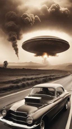 The image shows a sepia-toned photograph with a science fiction theme. Reflected in a side-view mirror, we see a classic car with passengers, driving on a desolate road. In the background, a large UFO hovers in the sky while multiple explosions erupt in the distance, sending up clouds of smoke and fire. The mirror's border frames this chaotic scene, juxtaposing a calm, seemingly oblivious drive with the dramatic events unfolding behind. The aged effect of the photo adds a layer of nostalgia to t