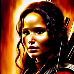 portrait beautiful face Katniss Everdeen - The Hunger Games,busty,ancient metal armor balanciaga fashion clothe painting by gaston bussiere, greg rutkowski, yoji shinkawa, yoshitaka amano, tsutomu nihei, donato giancola, tim hildebrandt, oil on canvas, cinematic composition, extreme detail,fit full head inside picture,16k