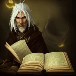 portrait of one single calm elf with white hair in beige coat reading a huge book, fantasy character art, concept art, somber, gloomy lighting, 3d concept art, stylized