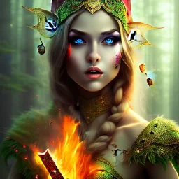 romantic fantasy spray painting, burning megical forest, portrait of elf