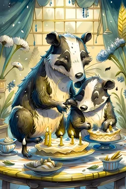 (fairy tale badger adult and little badger junior, animal by Monge)) an insanely beautiful smiling badger, extremely fine detailed fluffy fur, shining smiling eyes very well shabby chick dressed is baking a birthday cake with many light candles together with the smiling little badger, fine detailed fluffy fur, shining eyes shabby chick dressed in his kitchen with many pots: Background kitchen as in a cave, anatomically correct, flawless, full body shot, complete figure, by Monge, by Potter, by D