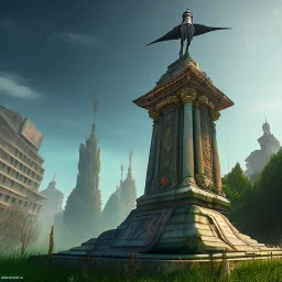 Monument, abandoned city centre, statue of human on top, look from distance, buildings visible whole statue, overgrown statue and monument, realistic, highly detailed