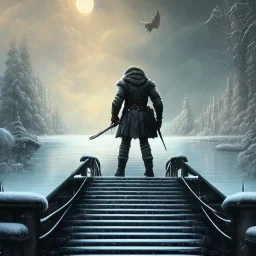 fantasy art, book cover, big wolf in front of the ebony stairs of a bridge or dam ,icy water, on the bridge is a wolf, there is also a hawk