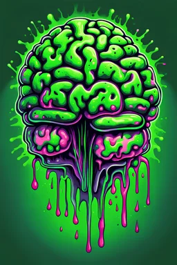 Vintage illustration of a slimey green brain melting, cartoonist animation style, hand drawn, neon lighting, gross art, pop punk, 90s anime inspired, airbrushing, post modern, horror cut, gradient chrome abberations, retro weird drawings, alien brain matter, blood spatter , scifi punk