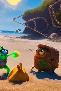 The hangman and the locust on the beach happily making sandcastles in the sun, art by Pixar and Dreamworks